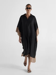 KSTM Oversized Kaftan Dress With Collared V-Neck Batwing Sleeves Color Block Hem Contrast Sheer Border Midi Length Summer Resort Wear - Black - View 1