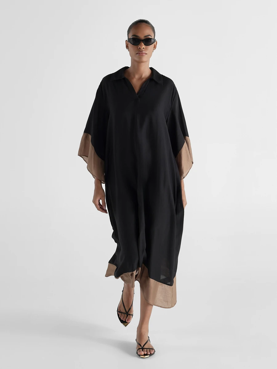 KSTM Oversized Kaftan Dress With Collared V-Neck Batwing Sleeves Color Block Hem Contrast Sheer Border Midi Length Summer Resort Wear - Black - View 1