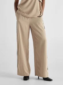 KSTM Wide Leg Satin Casual Pants With Black Contrast Piping Side Split Hem Elastic Drawstring Waist Full Length Palazzo Trousers Summer Holiday - Khaki - View 2