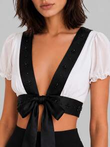Zerodot Women White Contrast Trim With Front Tie Closure & Embroidery Detail Top Casual Daily Spring Fall - Black and White - View 3