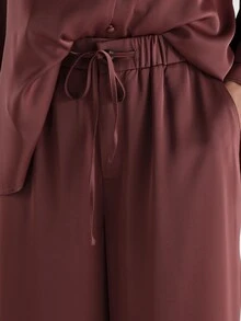 KSTM Satin Wide Leg Palazzo Trousers With Elasticated Drawstring Waist Full Length Flowy Luxe Pants For Evening Party Holiday - Rusty Rose - View 5