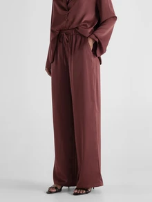 KSTM Satin Wide Leg Palazzo Trousers With Elasticated Drawstring Waist Full Length Flowy Luxe Pants For Evening Party Holiday - Rusty Rose - View 2