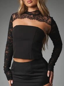 MISSGUIDED Atasan Crop Korset Leher Tinggi Lengan Renda dengan Hiasan Renda Bunga Transparan dan Punggung Terbuka untuk Pesta Malam Hari - Hitam - View 5
