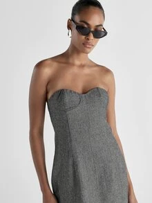 KSTM Strapless Sweetheart Neckline Sheath Midi Dress In Herringbone Wool Blend Fabric With Cinched Waist And Structured Corset Bodice For Evening - Black and White - View 6