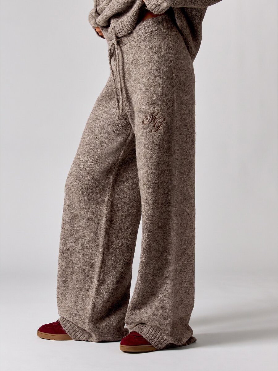 MISSGUIDED Wide Leg Knit Trousers With Drawstring Waist And Logo Embroidery Detail Cozy Fall Winter Lounge Pants - Khaki - View 1