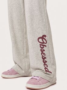MISSGUIDED TEEN Wide Leg Sweatpants With Cursive Script Leg Print Drawstring Elastic Waist Relaxed Fit Lounge Pants - Grey - View 4