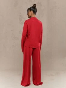 MISSGUIDED Long Sleeve Button Down Shirt And Wide Leg Trouser Lounge Set Notch Collar Relaxed Fit Cozy Sleepwear Co-Ord - Red - View 2
