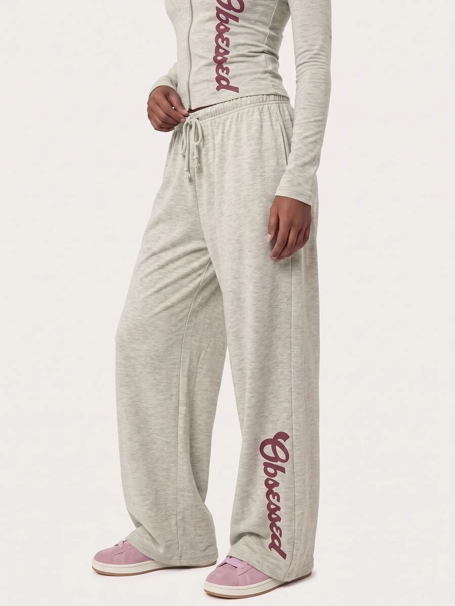 MISSGUIDED TEEN Wide Leg Sweatpants With Cursive Script Leg Print Drawstring Elastic Waist Relaxed Fit Lounge Pants - Grey - View 1