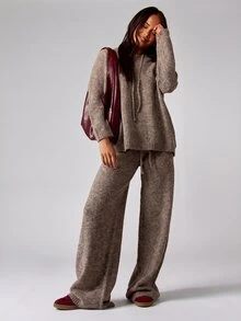 MISSGUIDED Wide Leg Knit Trousers With Drawstring Waist And Logo Embroidery Detail Cozy Fall Winter Lounge Pants - Khaki - View 4