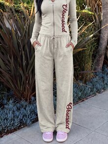 MISSGUIDED TEEN Wide Leg Sweatpants With Cursive Script Leg Print Drawstring Elastic Waist Relaxed Fit Lounge Pants - Grey - View 5