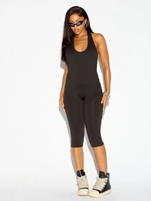 SUMWON WOMEN Racerback Cropped Jumpsuit With Scoop Neck Open Back And Slim Fit Capri Legs Featuring Gothic Logo Print - Black - View 4