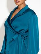 Plus Size Satin Shawl Collar Side Tie Blouse Chic Elegant Classy Date Night Evening Wear Trending Teal Colour Autumn Winter Fashion Curve Blouse Fall Fashion For Women