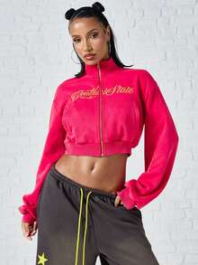 SUMWON WOMEN Cropped Full-Zip Sweatshirt With Script Chest Embroidery High Neck Long Sleeve Ribbed Hem Casual Streetwear Top - Burgundy - View 1