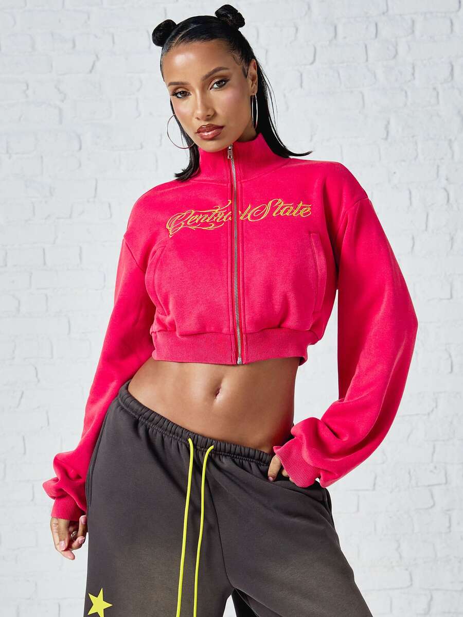 SUMWON WOMEN Cropped Full-Zip Sweatshirt With Script Chest Embroidery High Neck Long Sleeve Ribbed Hem Casual Streetwear Top - Burgundy - View 1