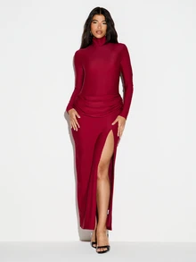 KIZN Turtleneck Maxi Dress Long Sleeve Ruched Waist Mermaid Silhouette High Slit Bodycon Evening Formal Gown Holiday Party - Burgundy - View 4