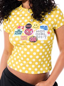 SUMWON Crop Top Polkadot dengan Motif Stiker Grafis, Leher Bulat, Lengan Pendek, Potongan Slim Fit, Atasan untuk Pesta Musim Panas dan Festival - Kuning - View 4
