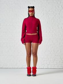 SUMWON WOMEN Chaqueta de punto corta con cremallera, cuello alto, puños y bajo acanalados, tono bayas intenso, perfecta para capas en otoño e invierno - Rojo - Ver 3