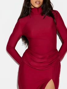 KIZN Turtleneck Maxi Dress Long Sleeve Ruched Waist Mermaid Silhouette High Slit Bodycon Evening Formal Gown Holiday Party - Burgundy - View 5