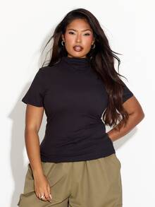 FASHION SZN Plus Size High Neck Casual Top Layering Fall Autumn Winter New Season Trending Essentials Basics Wardrobe Staple Black Top Short Sleeve Funnel Neck - Black - View 1
