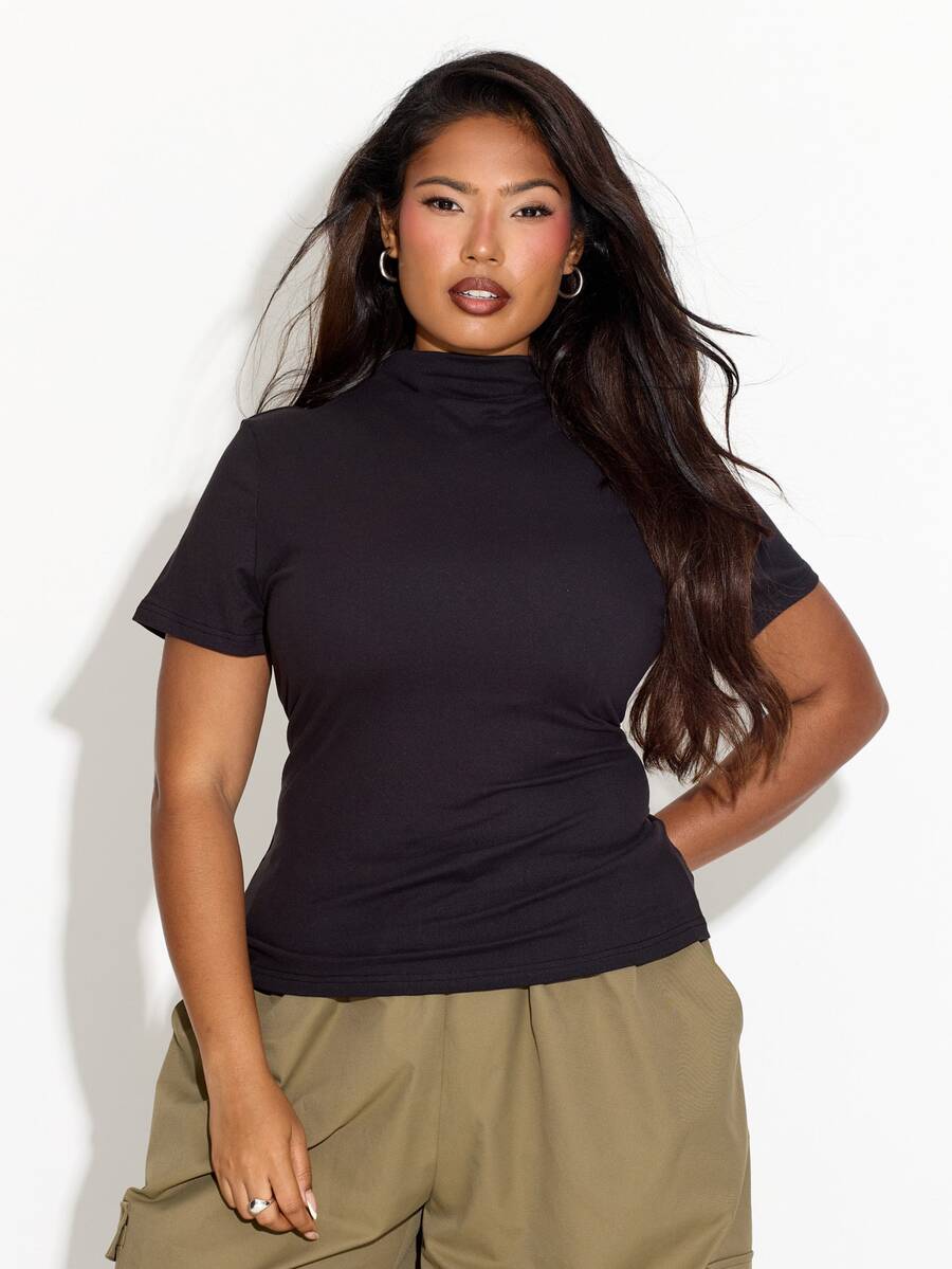 FASHION SZN Plus Size High Neck Casual Top Layering Fall Autumn Winter New Season Trending Essentials Basics Wardrobe Staple Black Top Short Sleeve Funnel Neck - Black - View 1