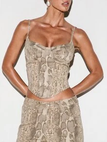 KIZN Snake Print Corset Bustier Crop Top With Adjustable Spaghetti Straps And Boned Bodice Back Zip Summer Festival Party - Beige - View 4