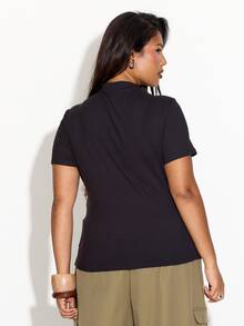 FASHION SZN Plus Size High Neck Casual Top Layering Fall Autumn Winter New Season Trending Essentials Basics Wardrobe Staple Black Top Short Sleeve Funnel Neck - Black - View 2