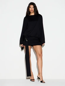 KIZN Draped Cowl Neck Mini Dress With Batwing Long Sleeves Ruched Skirt And Trailing Sash Zipper Detail Party Evening - Black - View 3