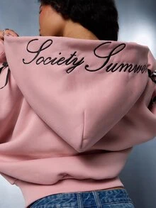 SUMWON WOMEN Cropped Half-Zip Hoodie With Black Satin Ribbon Bow Sleeve Detail And Back Embroidery Script Logo Coquette Aesthetic Fall Winter Top - Pink - View 3