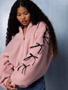 SUMWON WOMEN Cropped Half-Zip Hoodie With Black Satin Ribbon Bow Sleeve Detail And Back Embroidery Script Logo Coquette Aesthetic Fall Winter Top - Pink - View 5
