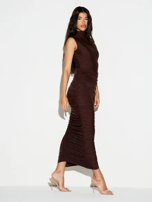 KIZN Ruched High Neck Sleeveless Bodycon Midi Dress With Front Centre Gather Detail And Split Hem For Party Evening - Coffee Brown - View 5