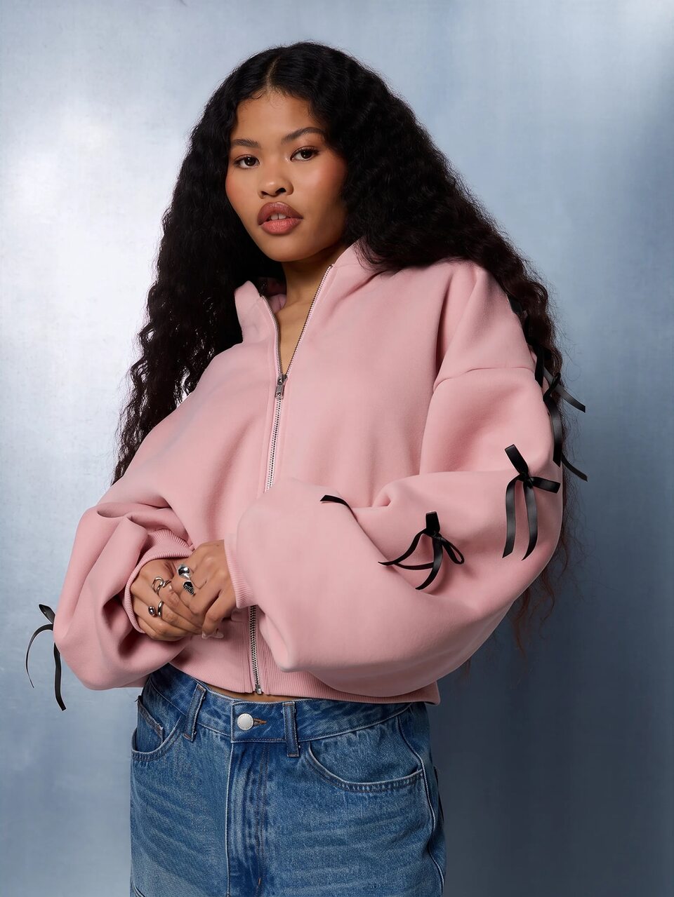 SUMWON Cropped Hoodie With Ribbon Bow Sleeves And Embroidered Logo