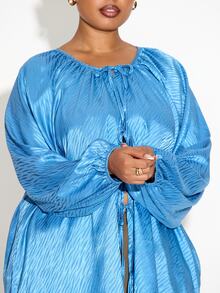 FASHION SZN ملابس علوية ساتان برباط أمامي مقاس كبير، توب ساتان جاكار باللون الأزرق المائي، ملابس أنيقة وراقية وعصرية للعمل، قصة فضفاضة، أزرق سماوي، موسم جديد خريف وشتاء - الأزرق - مشاهدة 6
