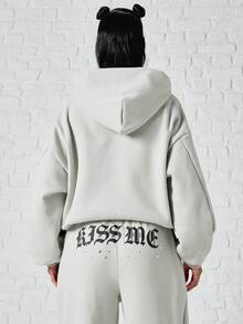 SUMWON WOMEN Boxy Fit Oversized Full Zip Sweatshirt With Gothic Old English Chest Print And Rhinestone Embellishment Long Sleeve Casual Fleece Top - Grey - View 5