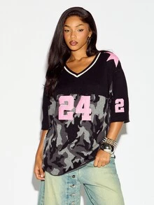 SUMWON WOMEN Atasan Sweater Rajut Kamuflase Ukuran Besar dengan Kerah V, Nomor Varsity Pink 24, Aplikasi Bintang, Lengan Siku, Musim Gugur/Musim Dingin - Hitam - View 1