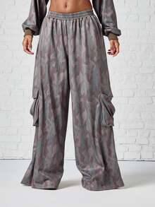 SUMWON WOMEN Oversized Wide Leg Camouflage Sweatpants With Elastic Waist And Side Flap Pockets Satin Finish Full Length Casual Style - Multicolor - View 1