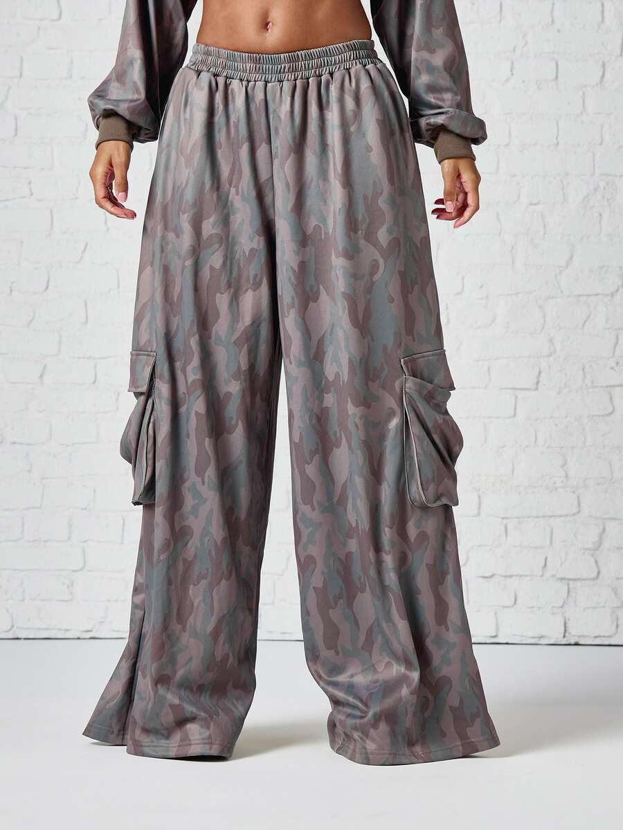 SUMWON WOMEN Oversized Wide Leg Camouflage Sweatpants With Elastic Waist And Side Flap Pockets Satin Finish Full Length Casual Style - Multicolor - View 1