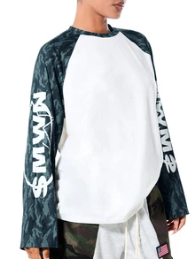 SUMWON WOMEN Oversized Raglan Long Sleeve Top With Camo Print Sleeves And Graphic Logo Detail Crew Neck Colorblock Tee - Navy Blue - View 4