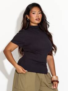 FASHION SZN Plus Size High Neck Casual Top Layering Fall Autumn Winter New Season Trending Essentials Basics Wardrobe Staple Black Top Short Sleeve Funnel Neck - Black - View 4