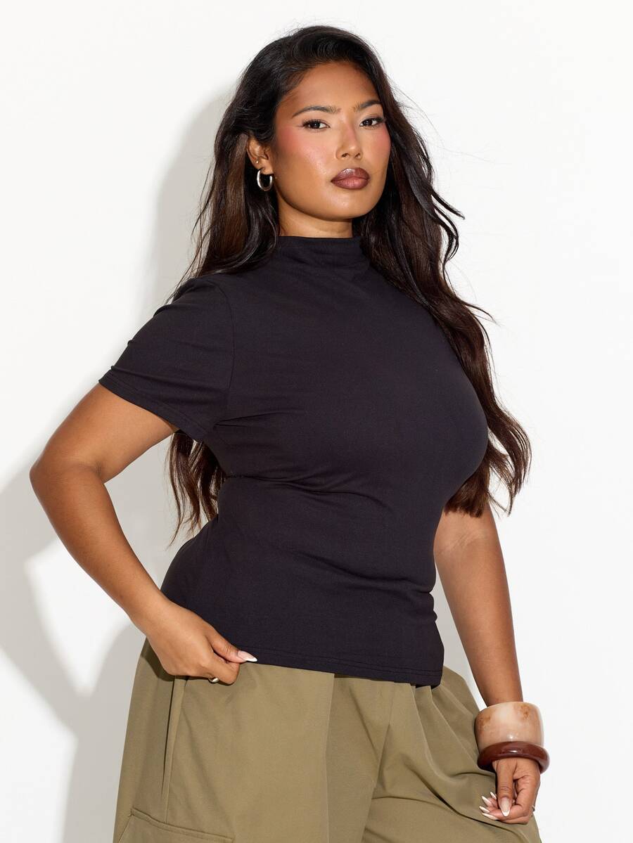 FASHION SZN Plus Size High Neck Casual Top Layering Fall Autumn Winter New Season Trending Essentials Basics Wardrobe Staple Black Top Short Sleeve Funnel Neck - Black - View 1