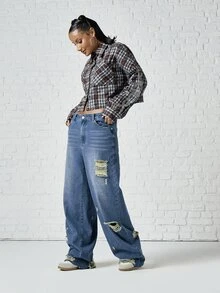SUMWON WOMEN Cropped Oversized Plaid Flannel Shirt With Rhinestone Flame Sleeve Detail Button-Down Collared Top Fall Winter Festival - Multicolor - View 2