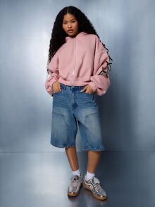 SUMWON WOMEN Cropped Half-Zip Hoodie With Black Satin Ribbon Bow Sleeve Detail And Back Embroidery Script Logo Coquette Aesthetic Fall Winter Top - Pink - View 6