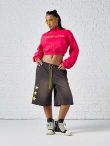 SUMWON WOMEN Cropped Full-Zip Sweatshirt With Script Chest Embroidery High Neck Long Sleeve Ribbed Hem Casual Streetwear Top - Burgundy - View 2