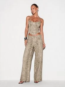 KIZN Snake Print Corset Bustier Crop Top With Adjustable Spaghetti Straps And Boned Bodice Back Zip Summer Festival Party - Beige - View 3