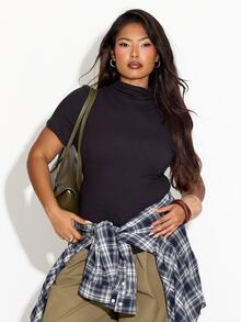 FASHION SZN Plus Size High Neck Casual Top Layering Fall Autumn Winter New Season Trending Essentials Basics Wardrobe Staple Black Top Short Sleeve Funnel Neck - Black - View 3