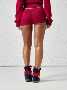 SUMWON WOMEN Ribbed Knit High Rise Hot Pants Mini Shorts With Patch Pockets Cozy Autumn Winter Chic Style - Burgundy - View 6
