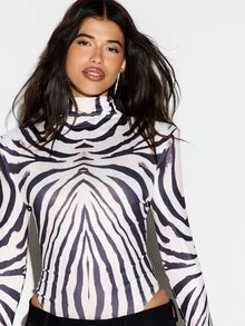 KIZN Zebra Print Turtleneck Long Sleeve Bodysuit Fitted Stretchy One-Piece Top Animal Print Snap Closure Holiday Party - Black and White - View 5