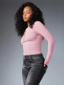 BABYPHAT Long Sleeve Crop Top With Rhinestone Cat Silhouette Graphic, Fitted Crew Neck Baby Tee, Fall Winter Night Out Top - Baby Pink - View 2