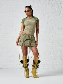 SUMWON WOMEN Cargo Mini Skirt With Drawstring Tie Detail Low Rise Elastic Waist Patch Pockets Summer Festival Style - Green - View 2