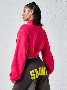 SUMWON WOMEN Cropped Full-Zip Sweatshirt With Script Chest Embroidery High Neck Long Sleeve Ribbed Hem Casual Streetwear Top - Burgundy - View 5
