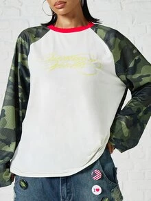SUMWON WOMEN Oversized Camo Raglan Long Sleeve Top With Red Ringer Neckline And Mesh Sleeves Featuring Script Chest Logo Print - Multicolor - View 4